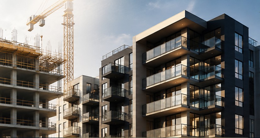 Multifamily development under construction alongside a completed residential tower